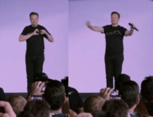 Musk macht die "giving you my heart" - Geste zu Beginn eines jährlichen Treffen von Tesla-Aktionären 2023